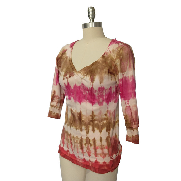 Vintage 90s Glima Tie Dye Top Size S Pink Brown V Neck ASO 1990s Raw Hem - Picture 4 of 8